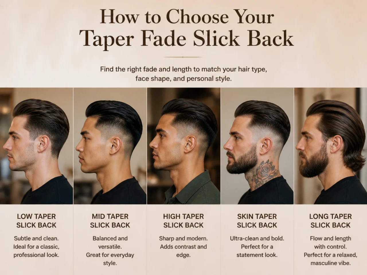 Man reviewing taper fade slick back reference photos on a phone in a barber chair