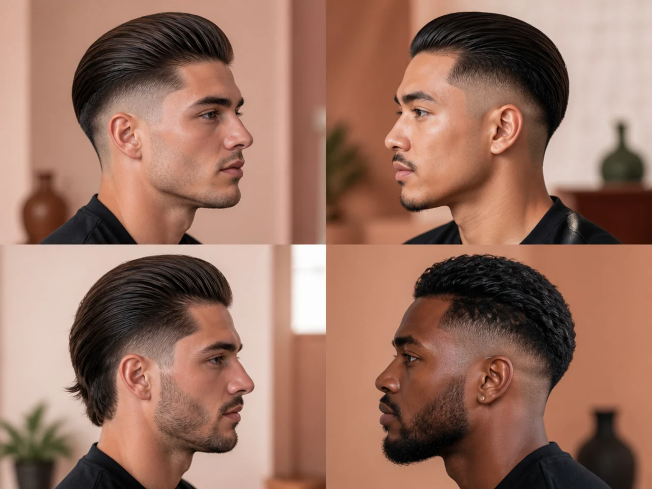 Five taper fade slick back haircut variations showing different top lengths and structure choices