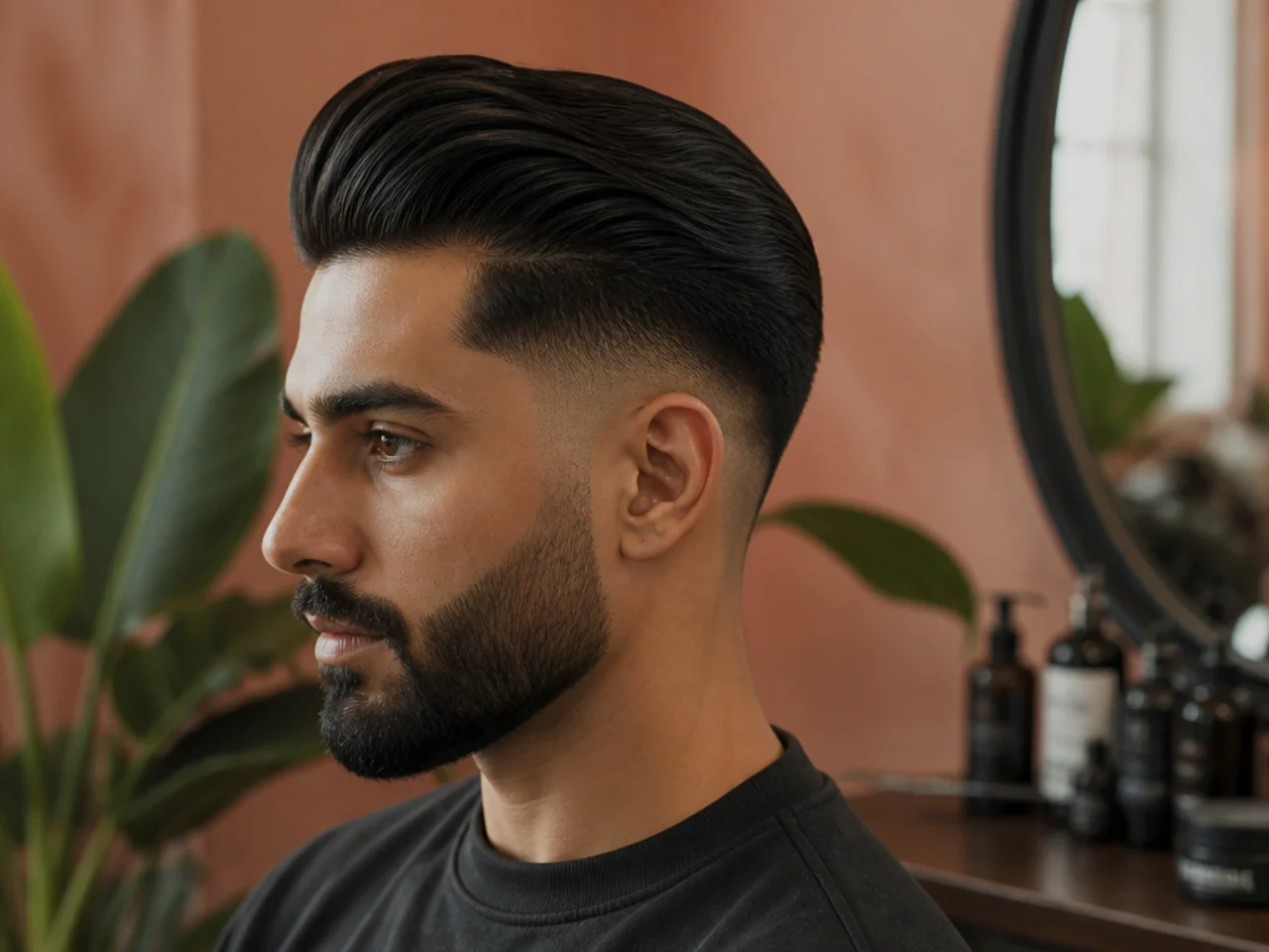 Slick back styling products laid out on a barber shop counter with comb boar bristle brush and blow dryer