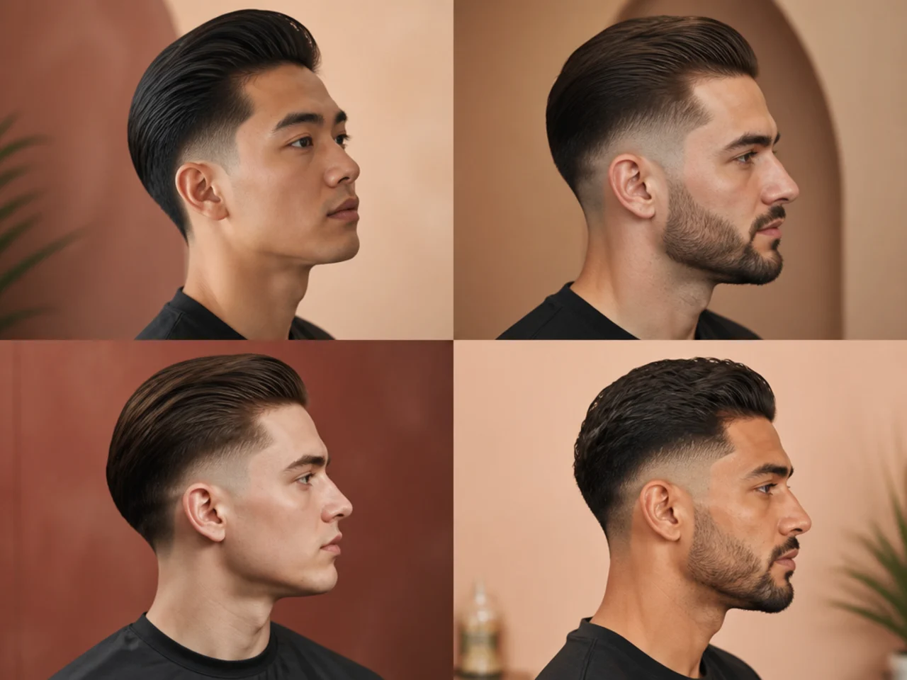 Grid of six core taper fade slick back haircut variations on different men in a barber shop