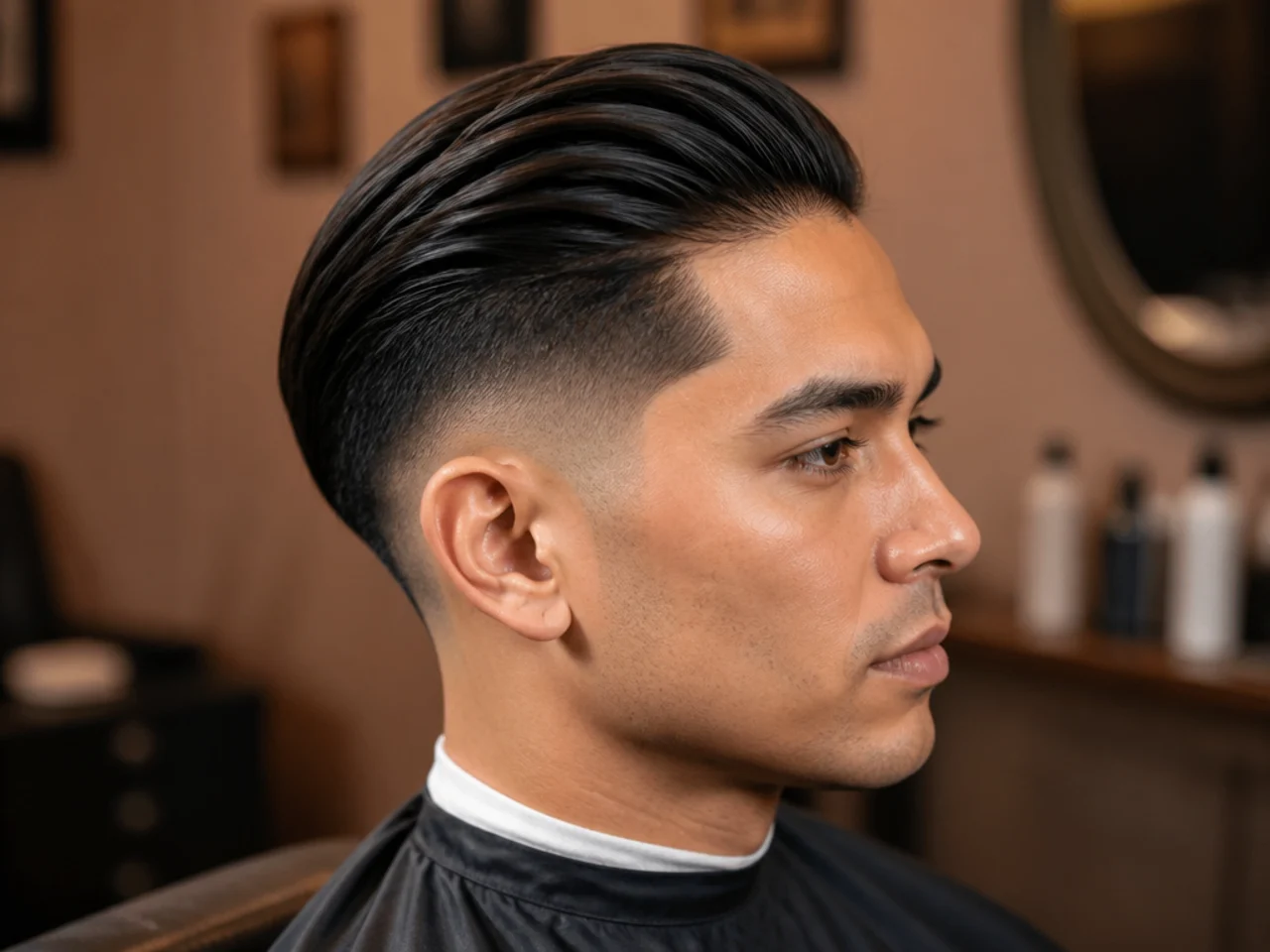 Side profile of a fresh taper fade slick back haircut on straight dark hair in a barber shop