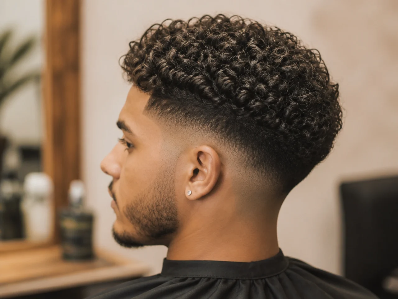 Taper fade with defined curls styled with cream