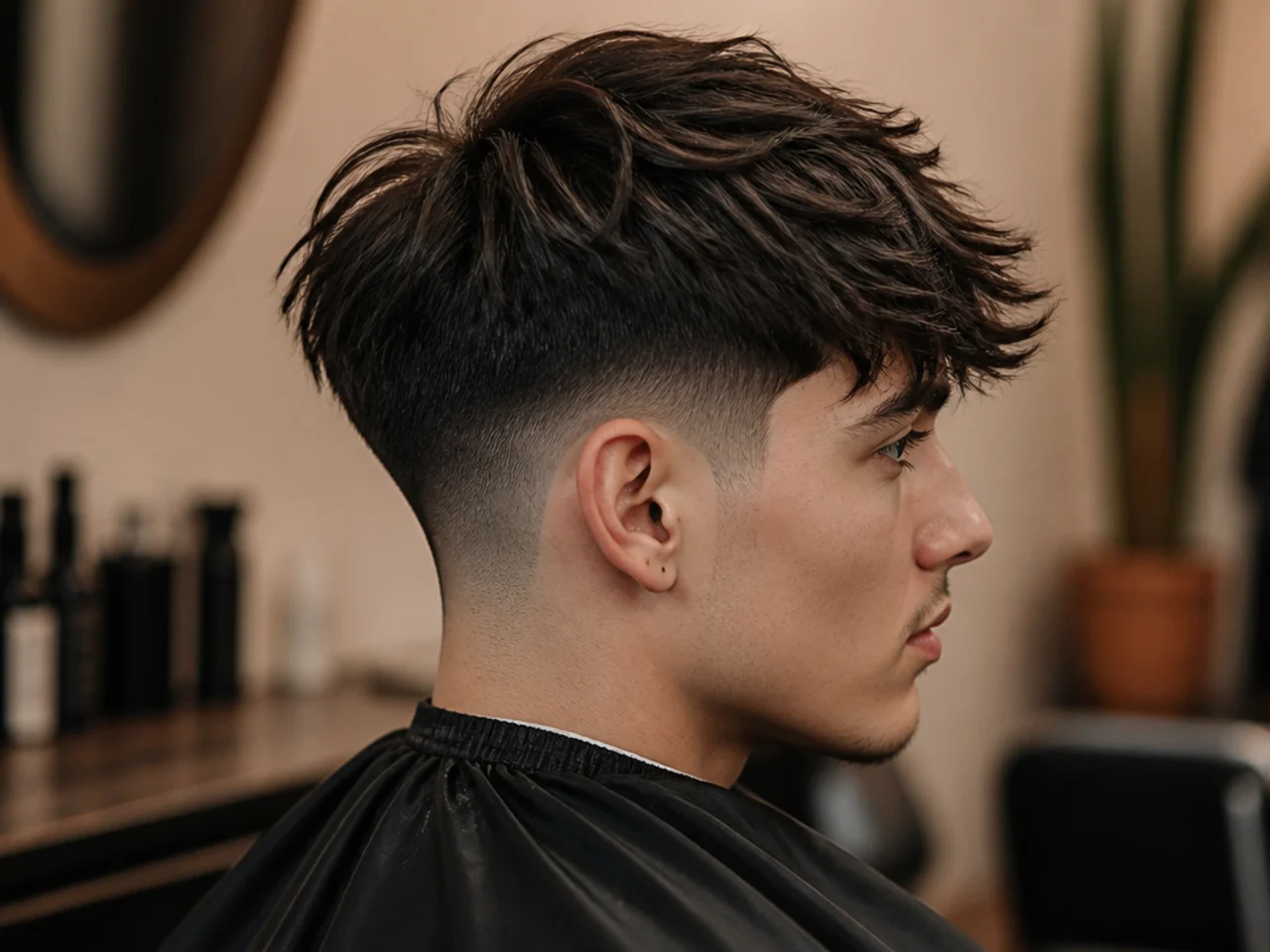 Taper fade with hair styled forward into a fringe