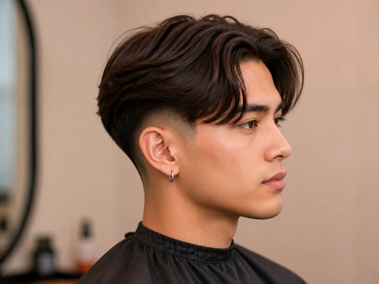 Taper fade with a middle part and curtain styling
