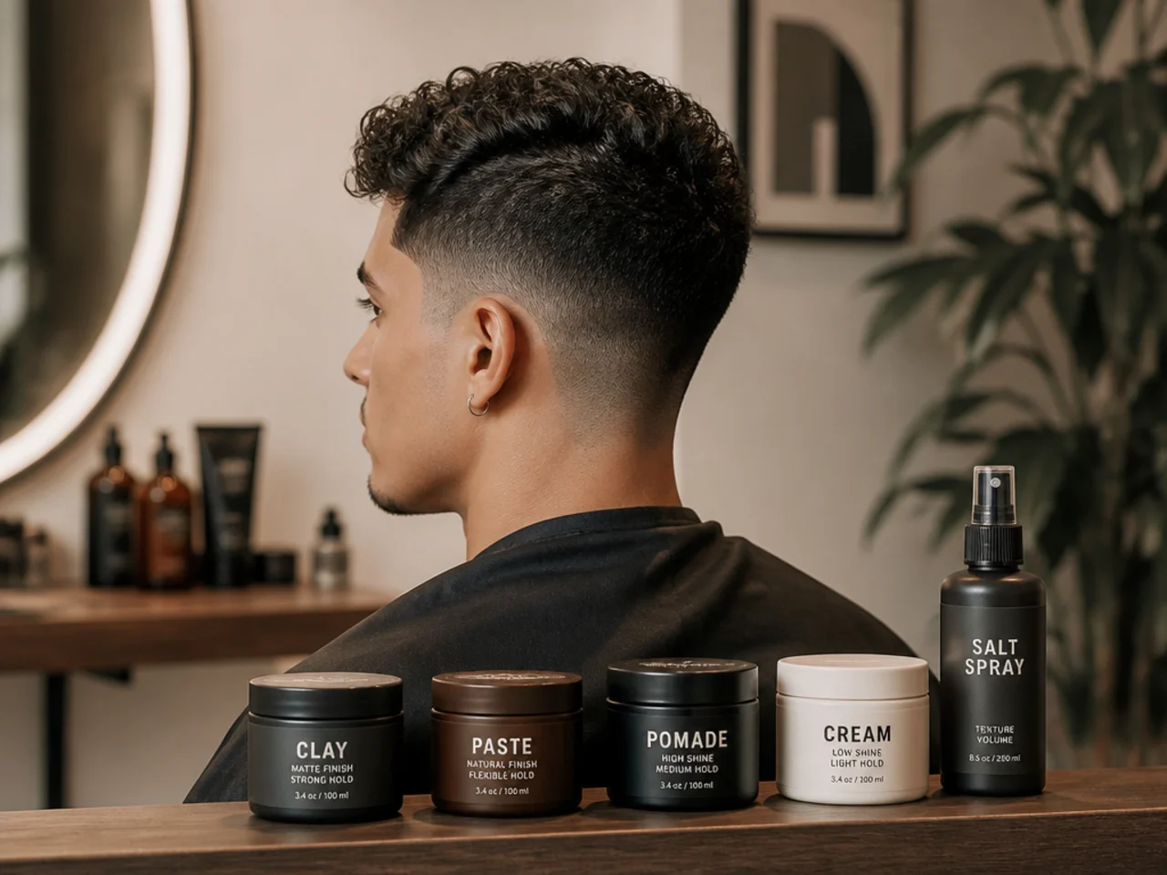 Clay, paste, pomade, cream and salt spray lined up for comparison