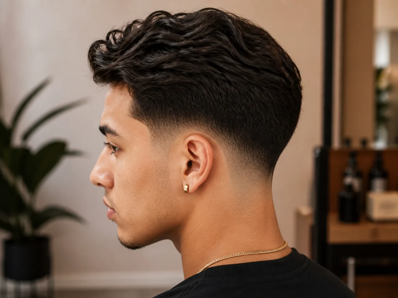 Three-quarter view of a styled taper fade