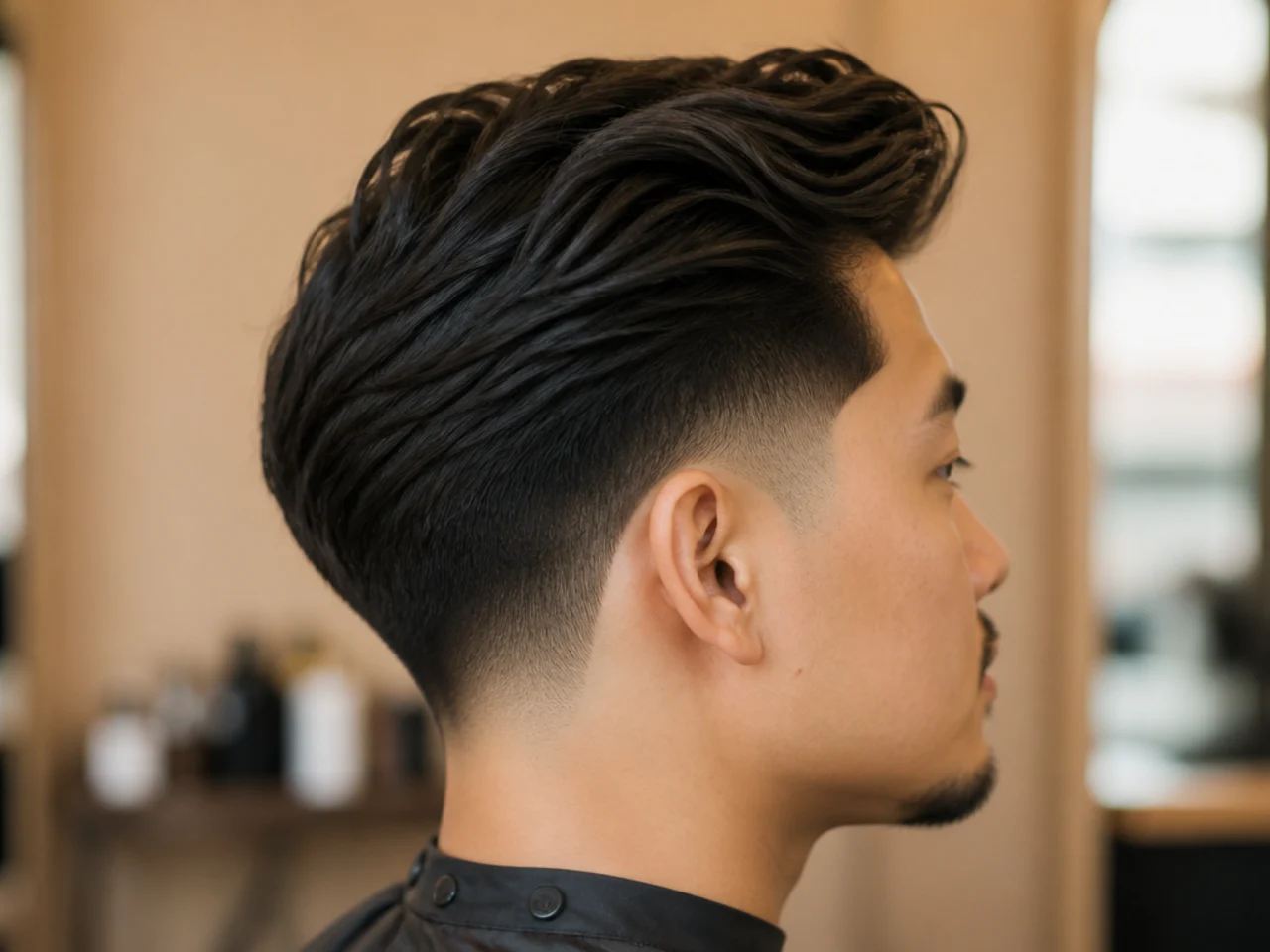 Low taper fade with substantial length styled on top