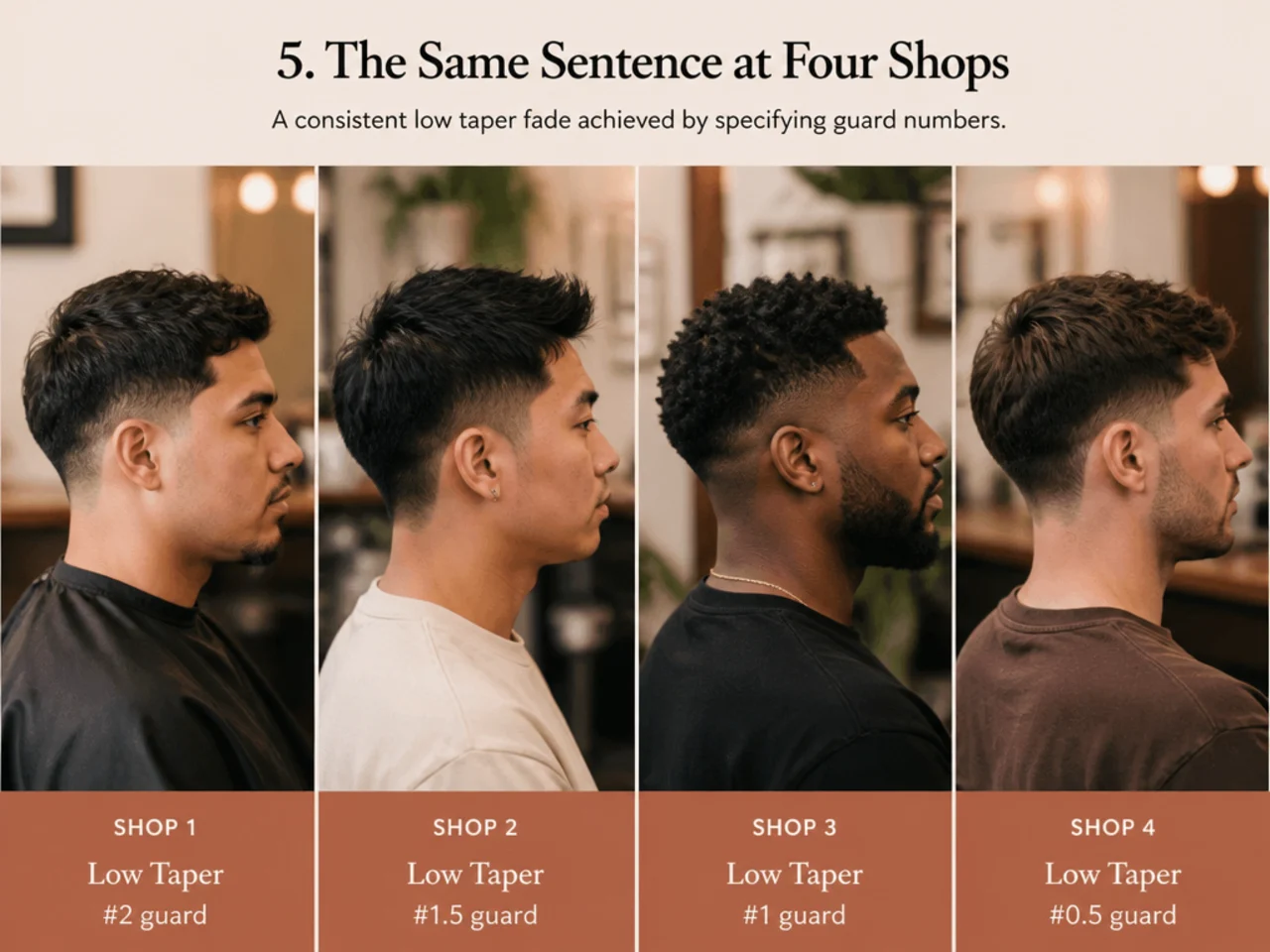 A consistent low taper fade achieved by specifying guard numbers