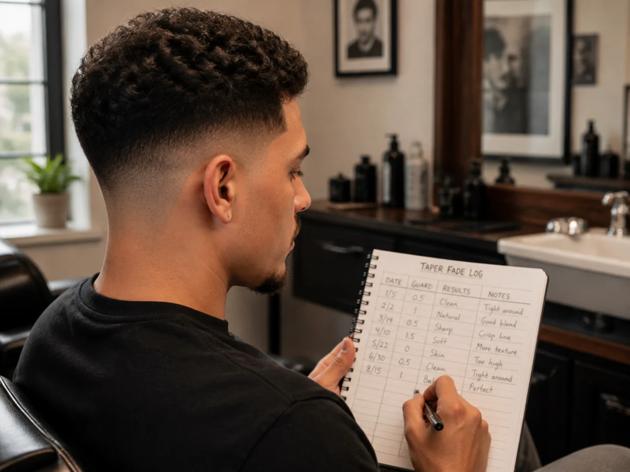 A notebook logging haircut dates, guard numbers and results