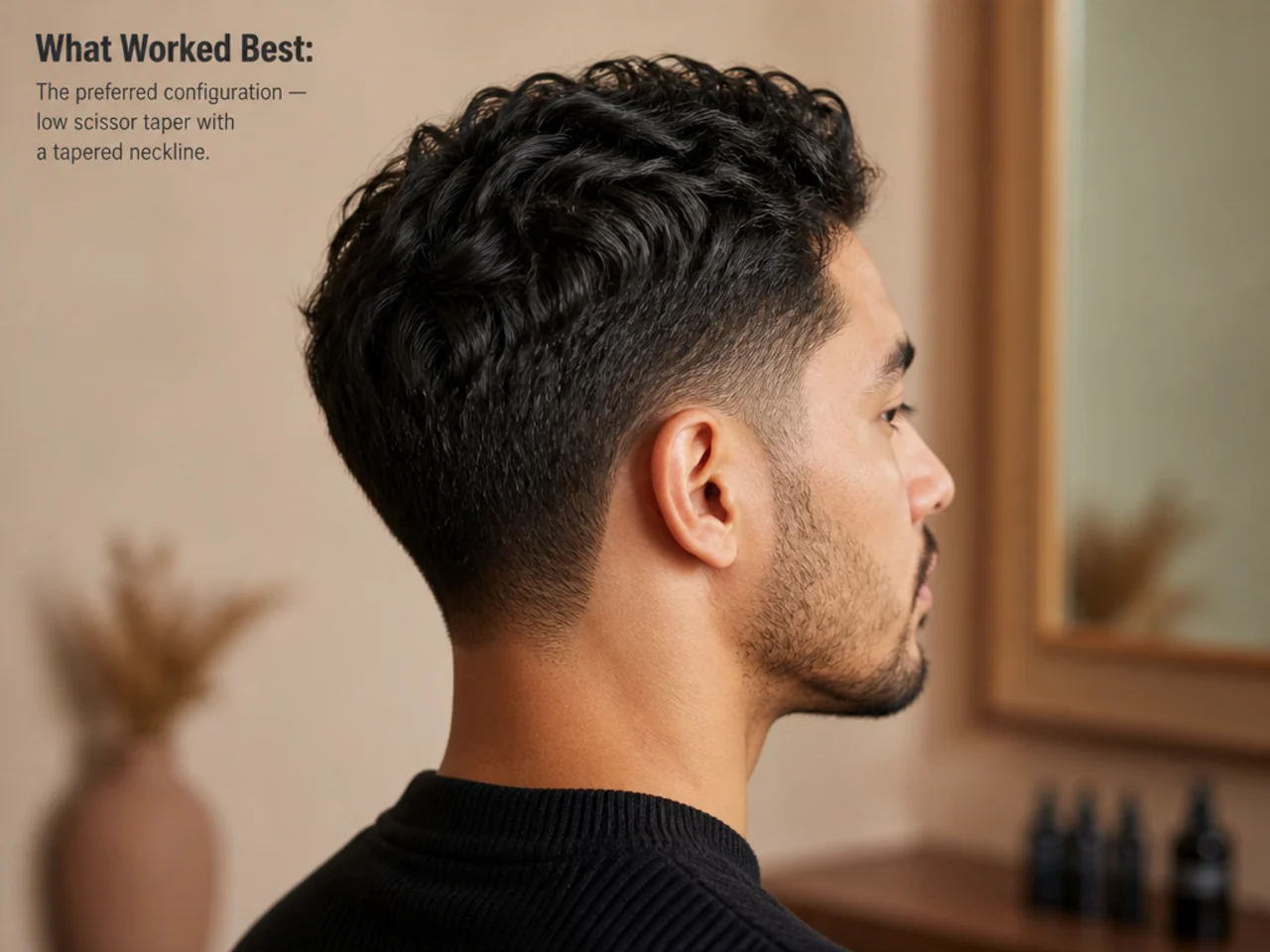 The preferred configuration — low scissor taper with a tapered neckline
