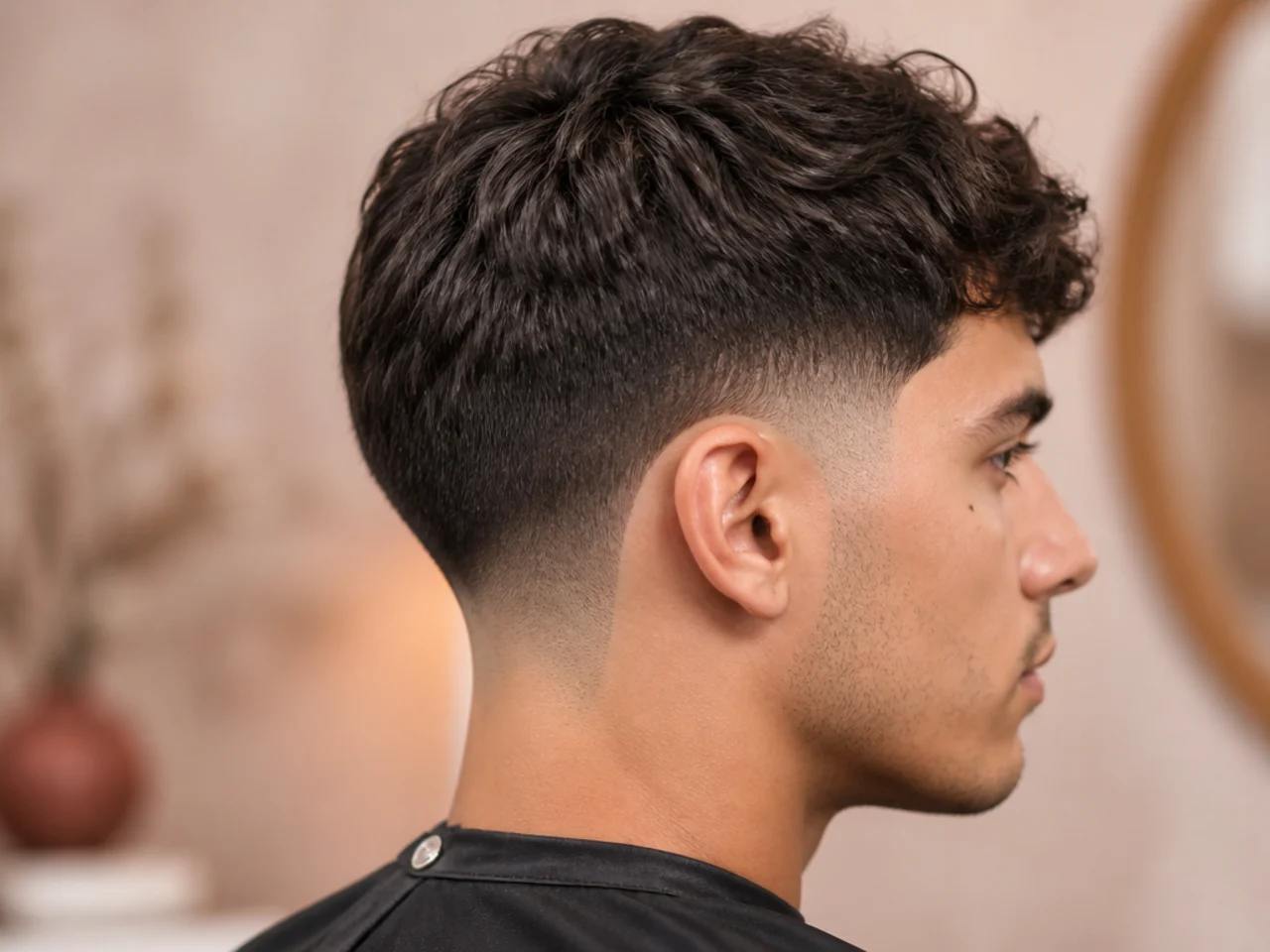 Low drop taper fade with the fade line curving down behind the ear