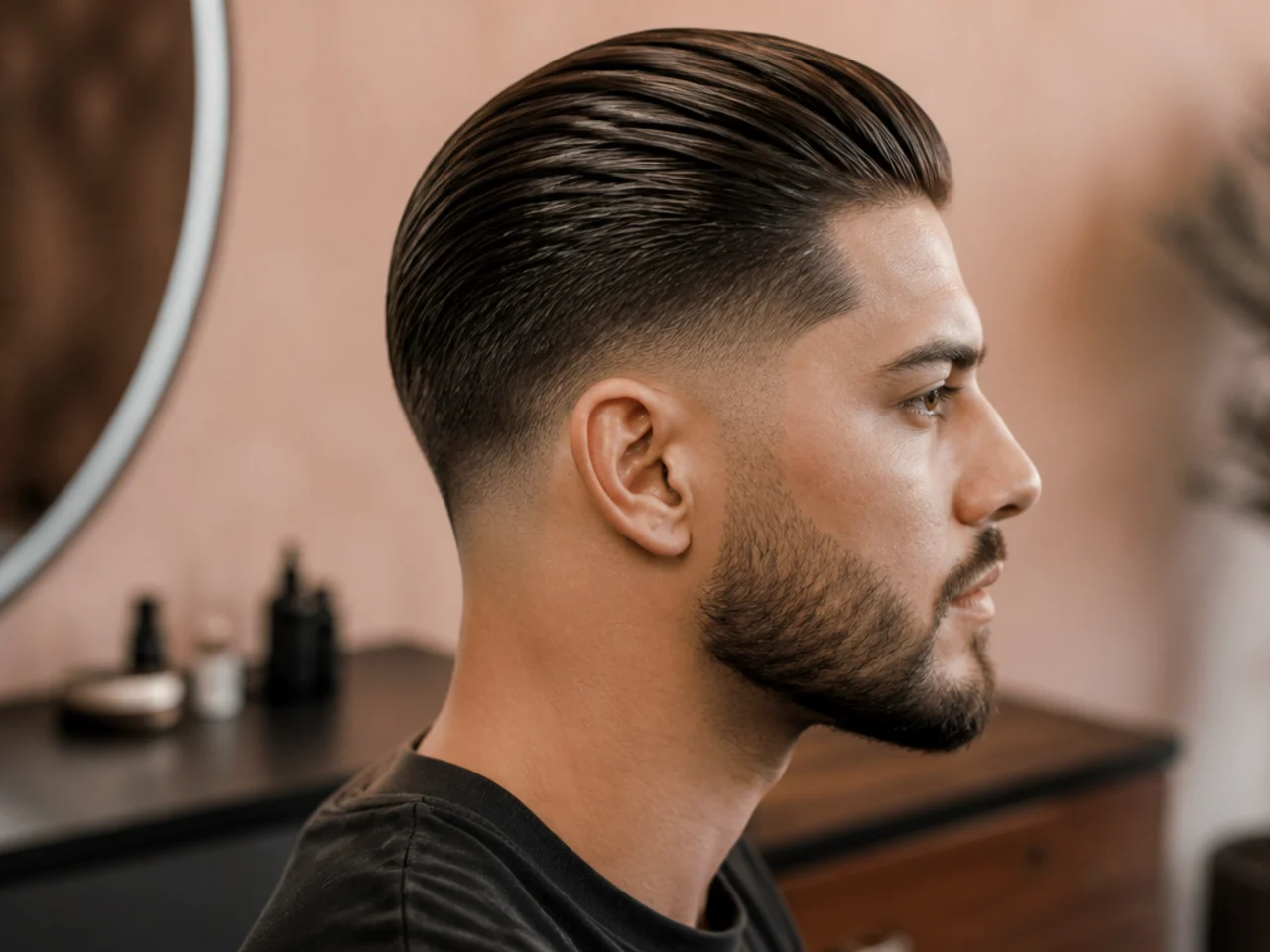 Low taper fade with the top slicked straight back