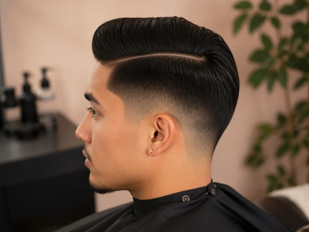 Low taper fade with a razored hard part line
