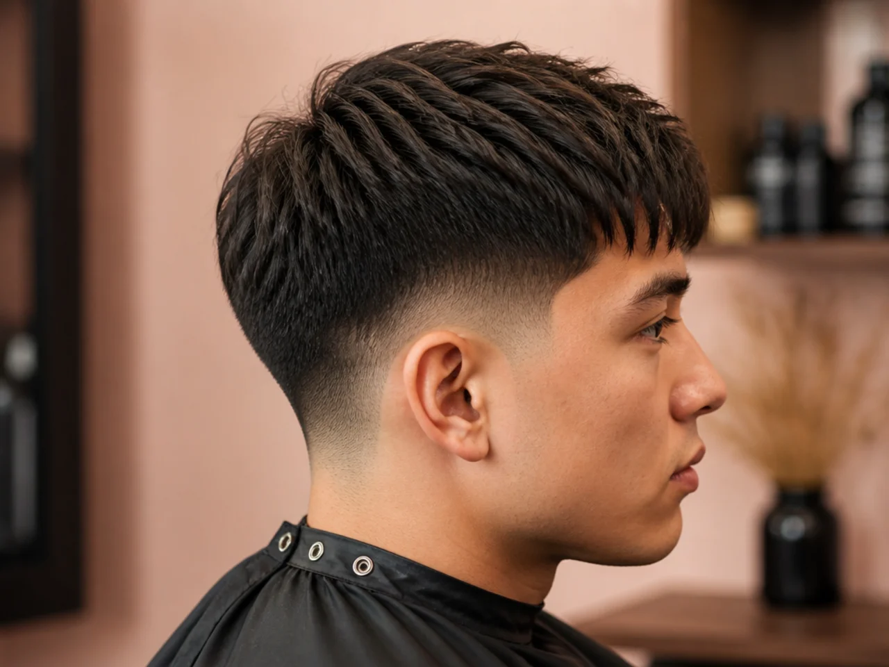 Low taper fade with a forward-styled textured fringe