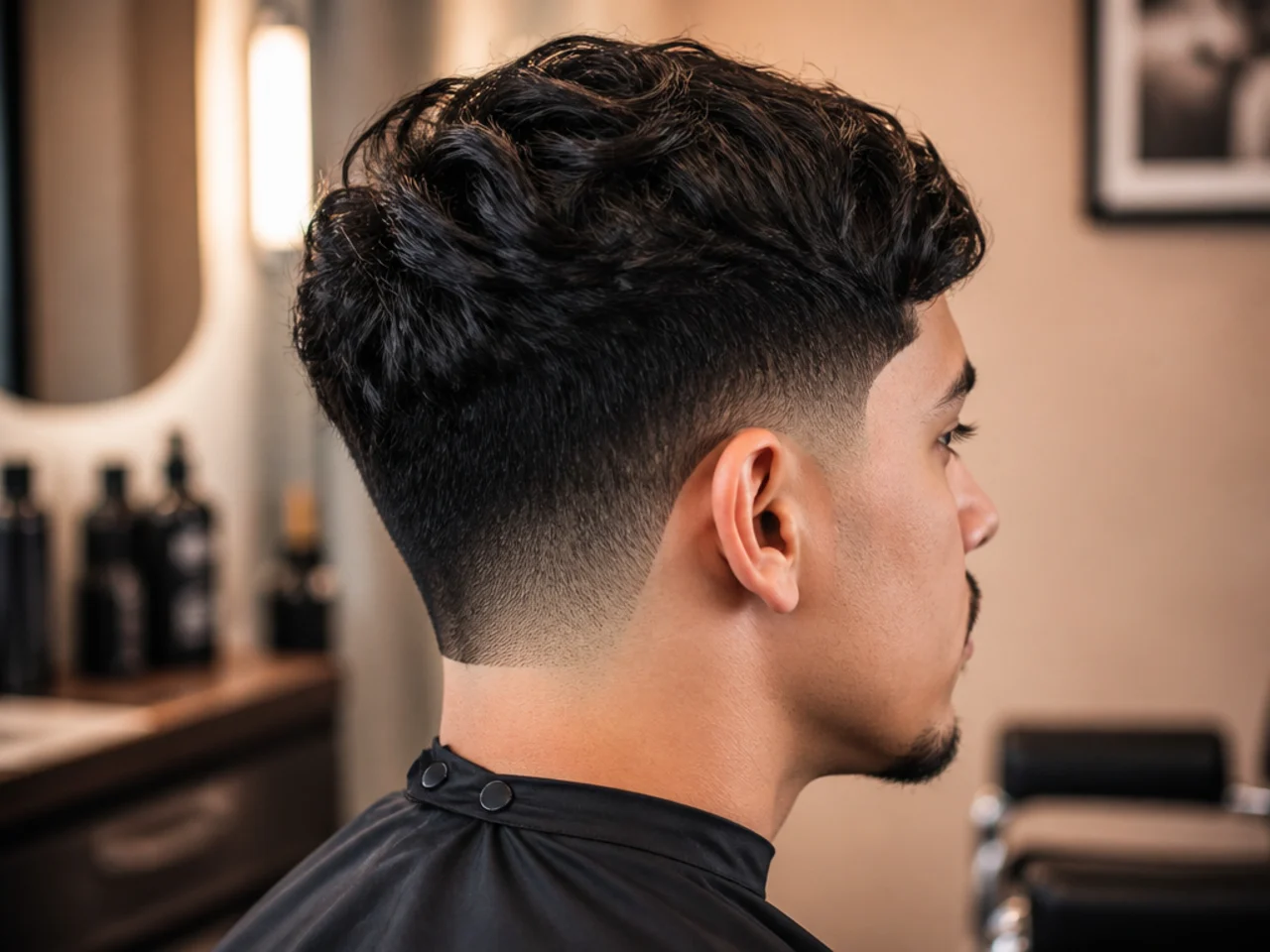 Low taper fade finished with a squared blocked neckline