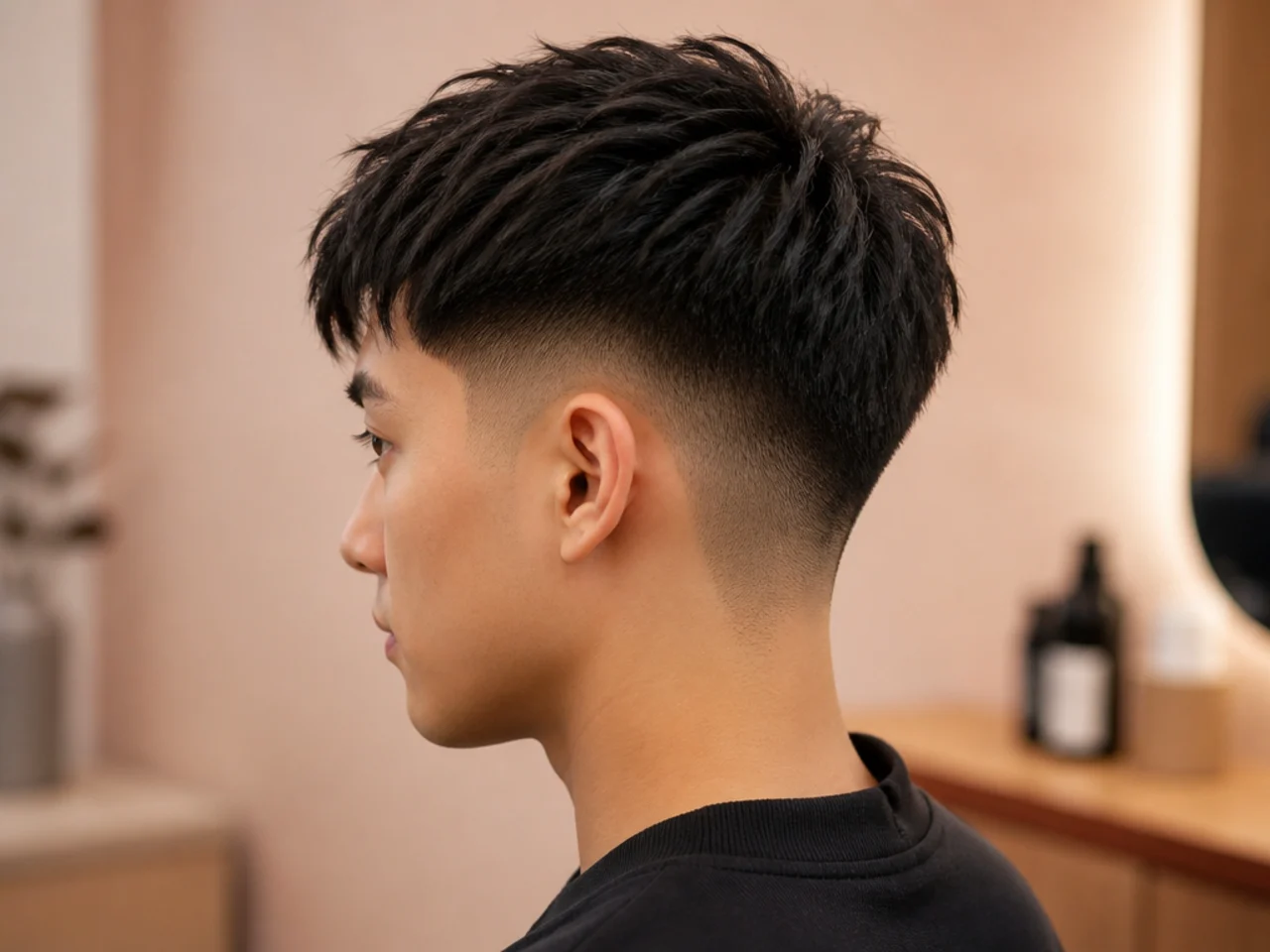 Low taper fade paired with a short textured crop on top