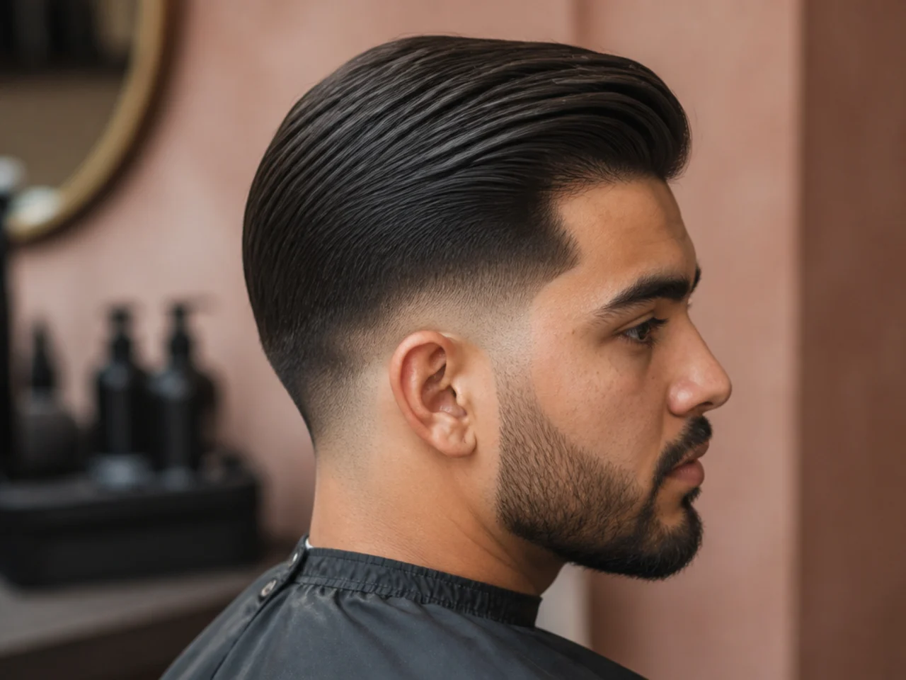 Low taper fade with hair combed over to one side