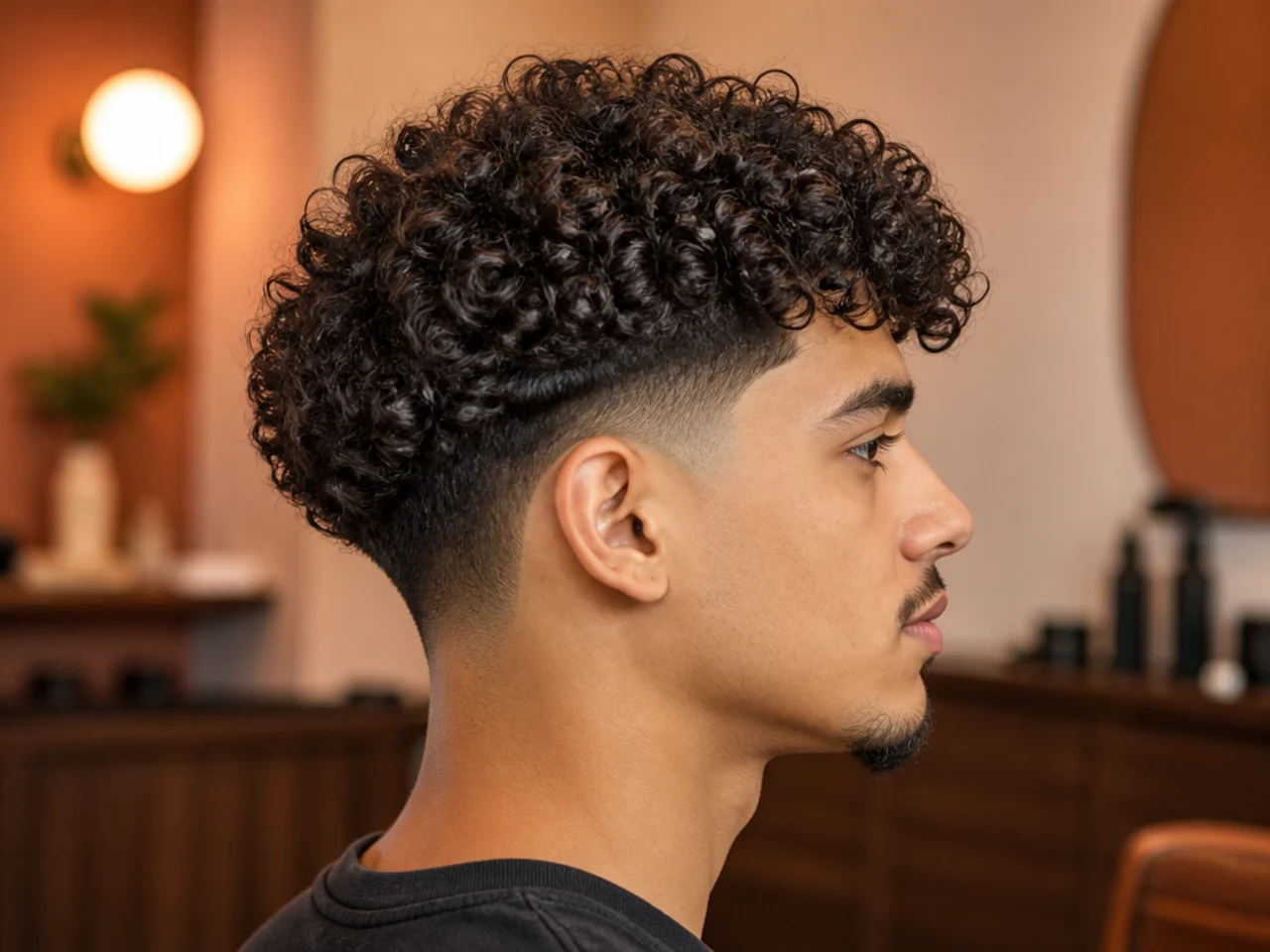 Low taper fade on curly hair with the curl pattern kept full on top