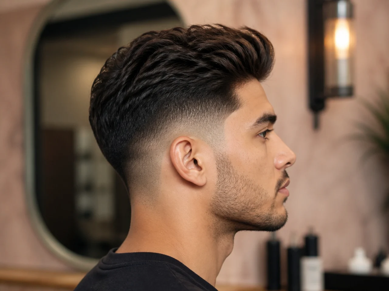 Low taper fade with a styled quiff at the front