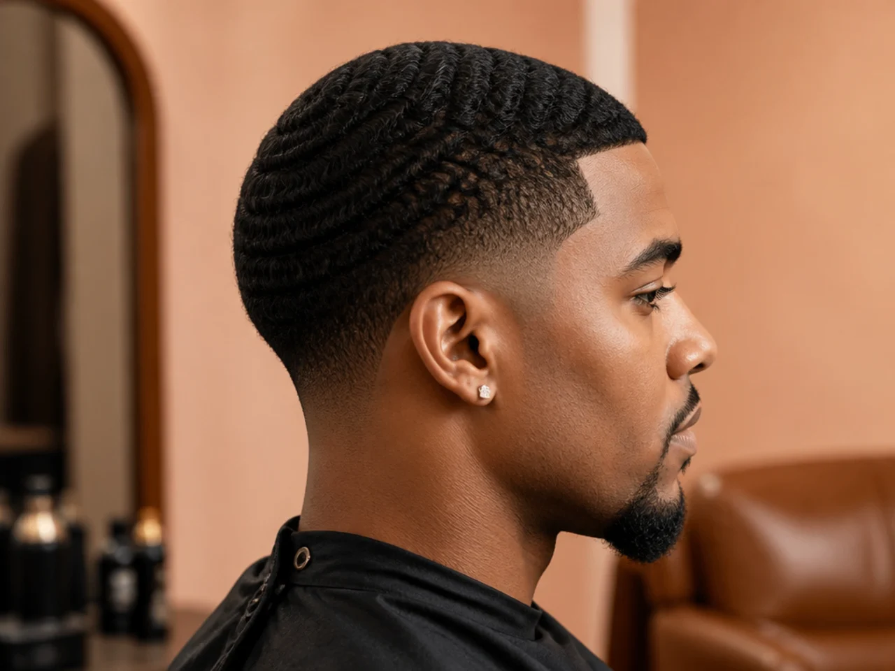 Low taper fade with brushed 360 waves on top