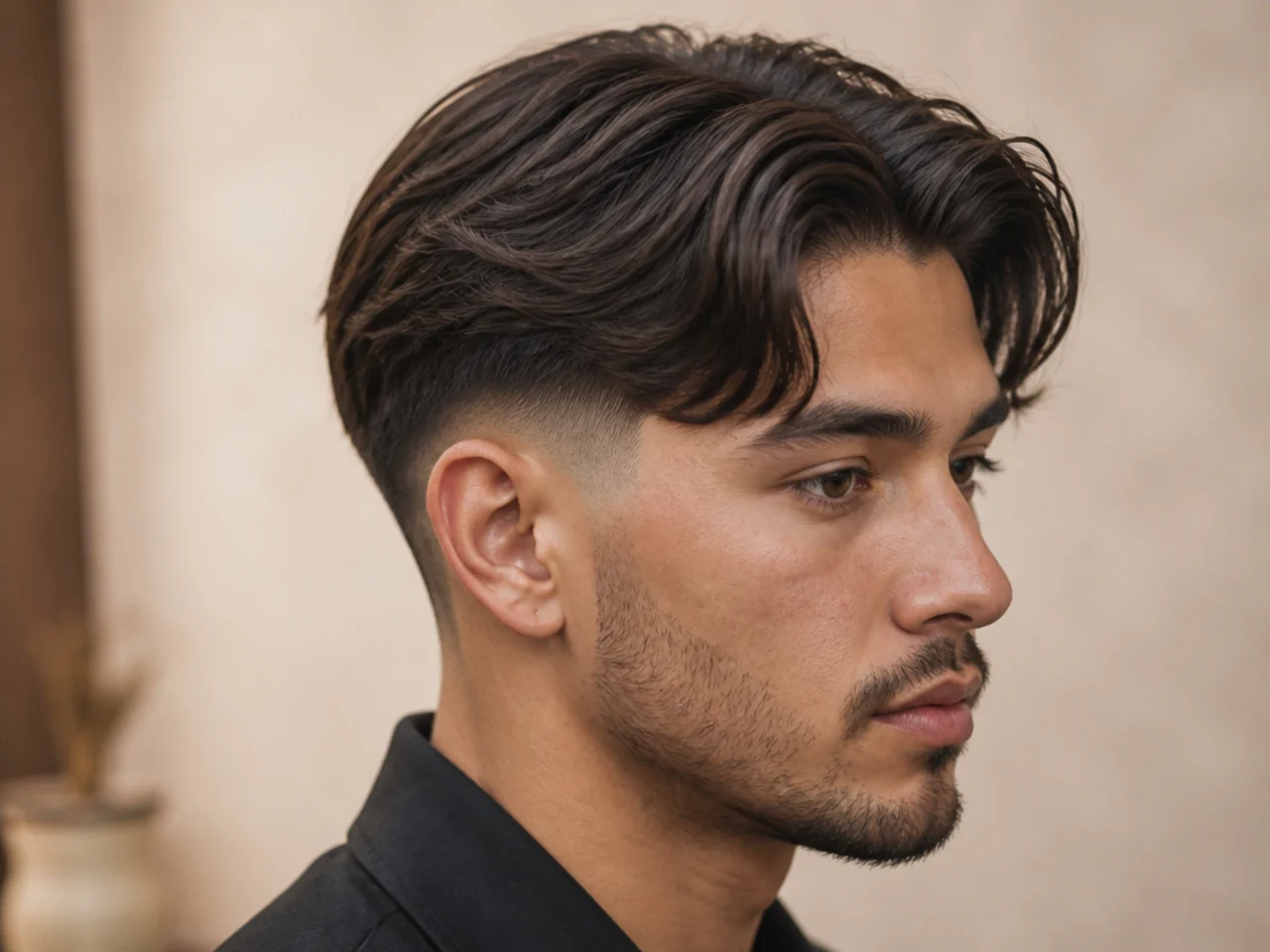 Low taper fade with a middle part and curtain length on top