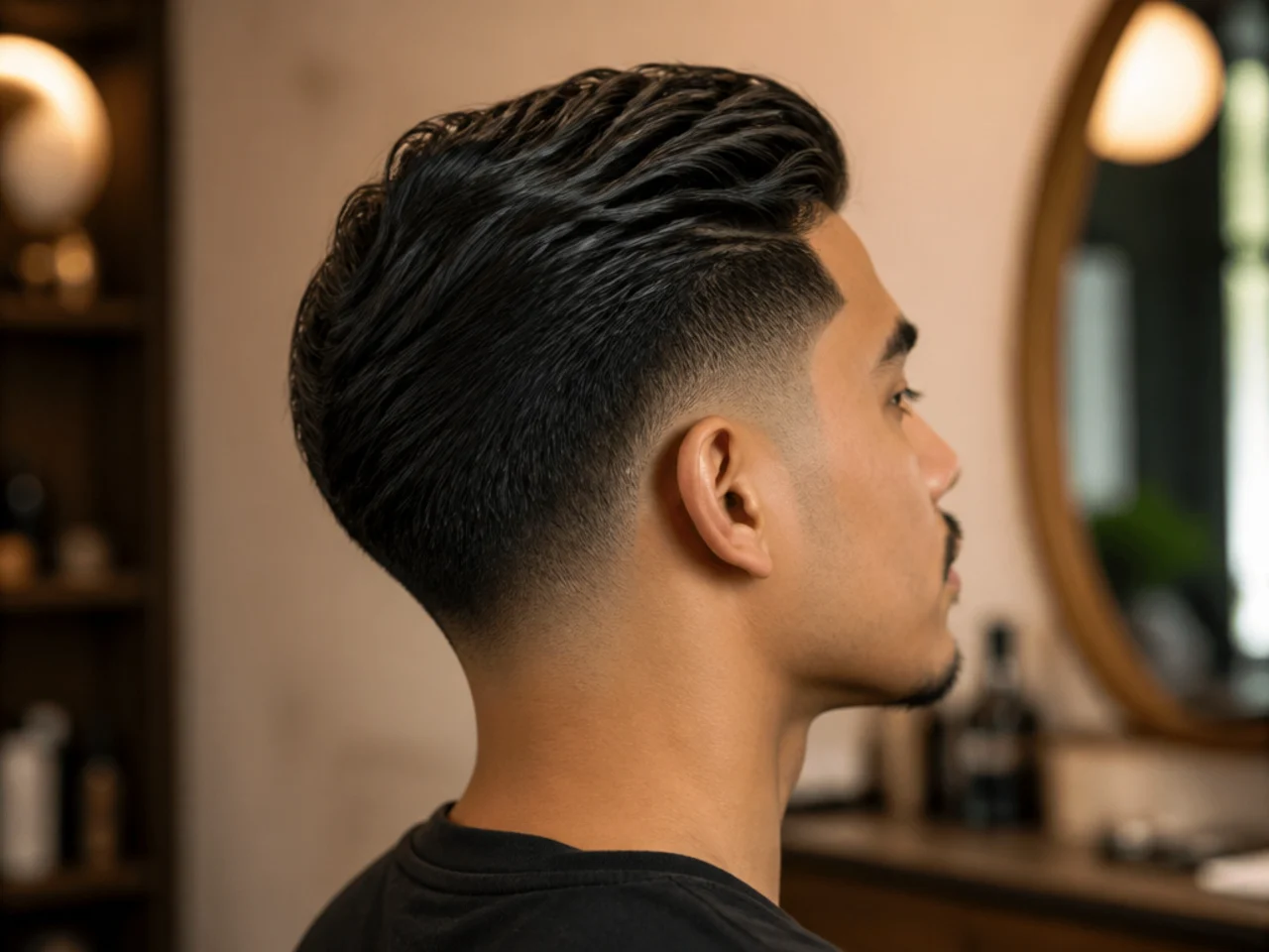 Three-quarter view of a finished low taper fade