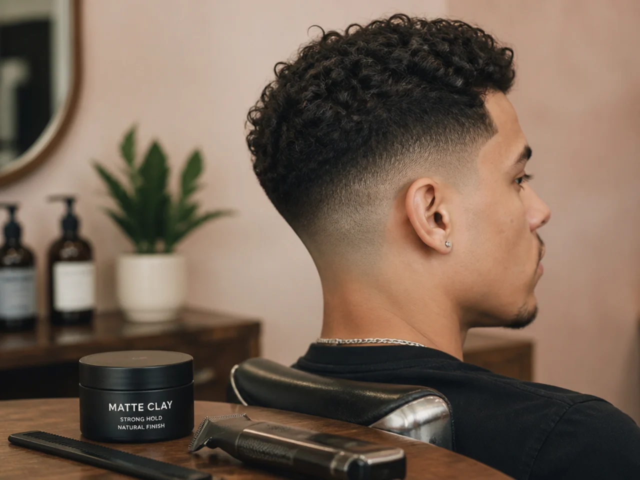 Matte clay, a comb and a neckline trimmer laid out for taper fade upkeep