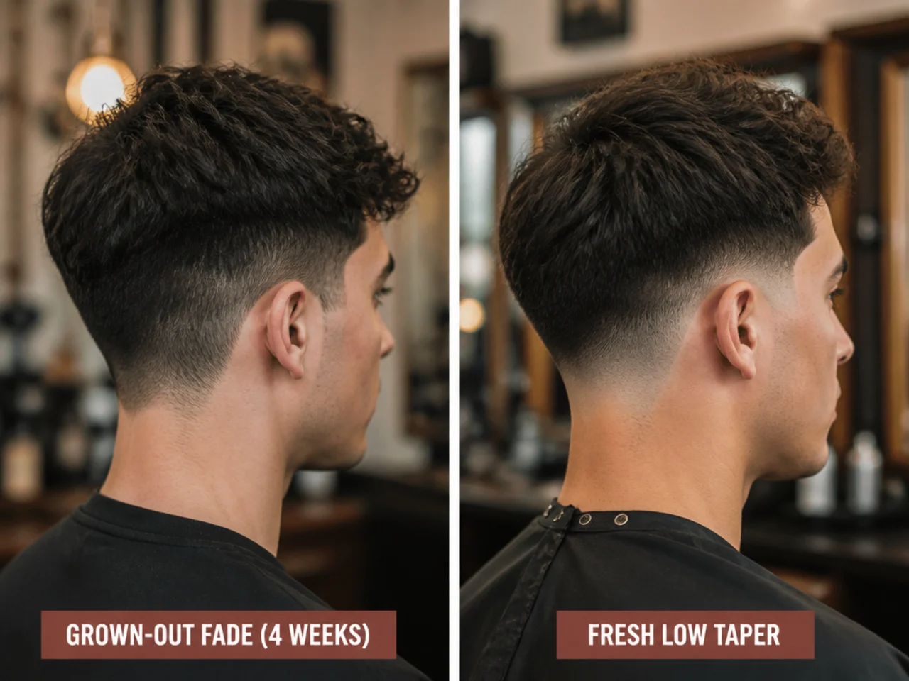 A grown-out fade line at four weeks beside a freshly cut low taper