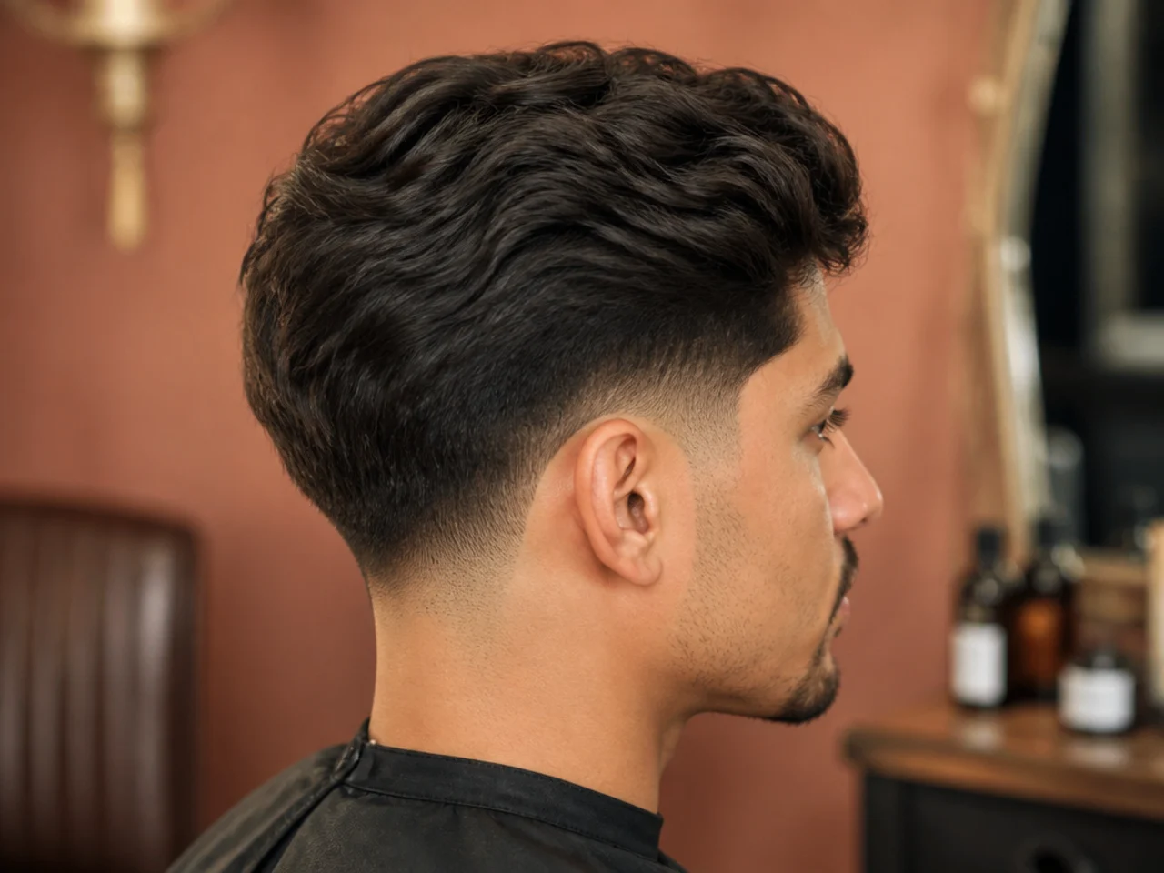Close-up of a low taper fade showing the narrow faded band above the ear with full length retained above it