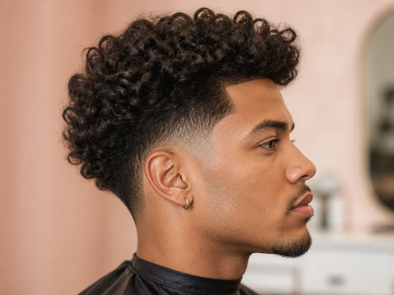 Curly textured blowout taper on 3A natural curl hair with defined spiral pattern on top