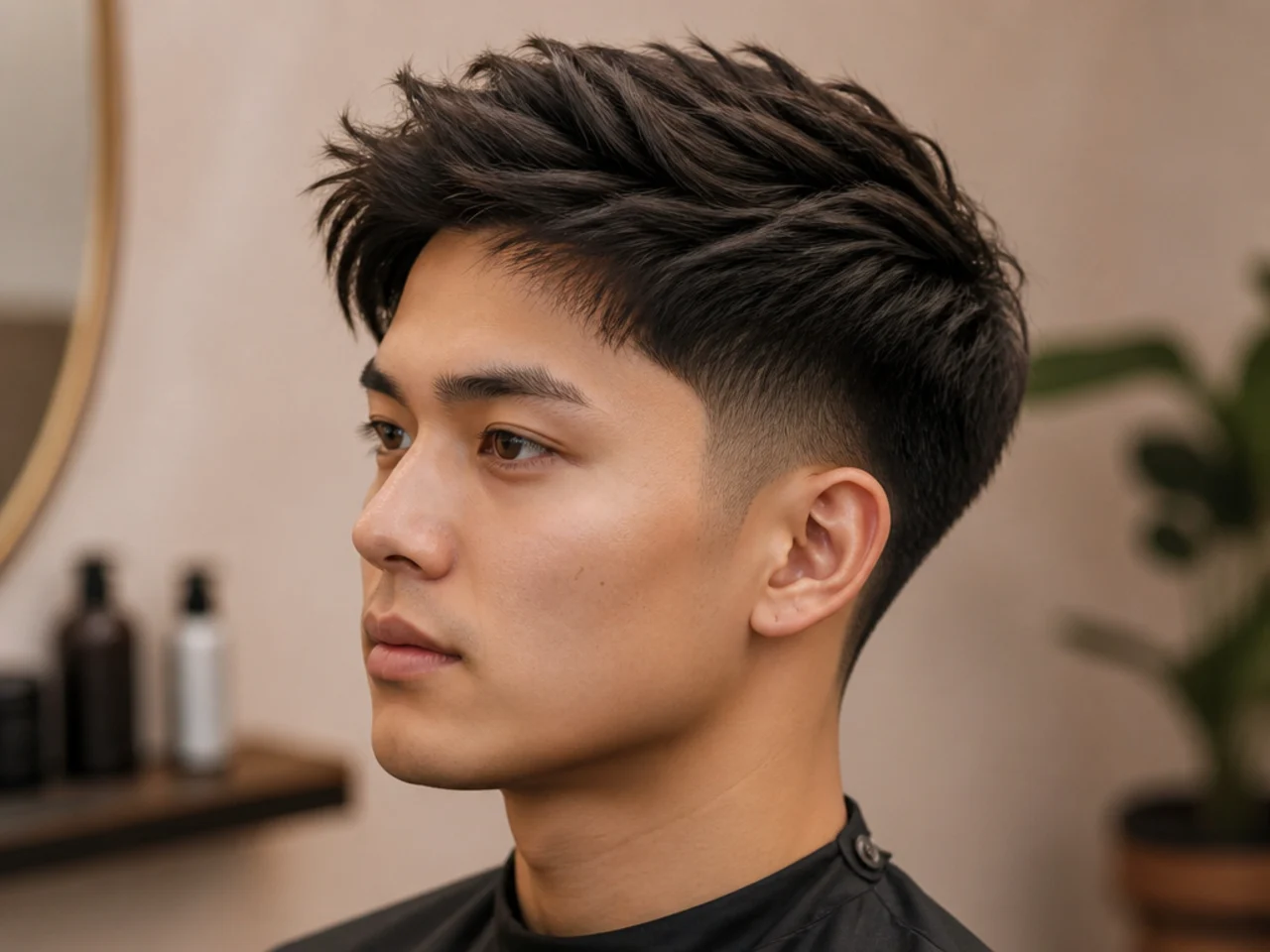 Straight-hair textured blowout taper on 1A pin-straight Asian hair with heavy razor texture