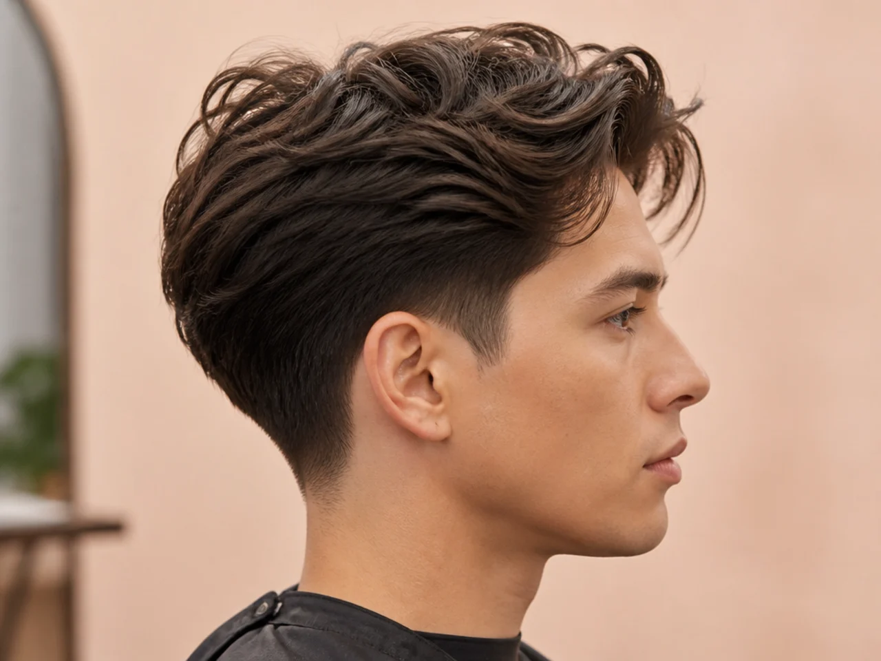 Textured blowout drop taper on brown wavy hair with taper line arcing down behind the ear
