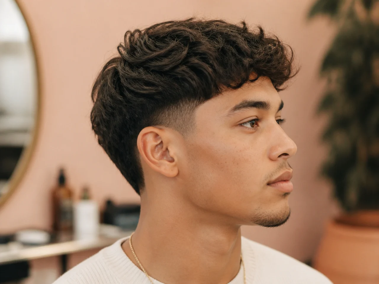 Low textured blowout taper on wavy dark hair with taper barely touching the ear