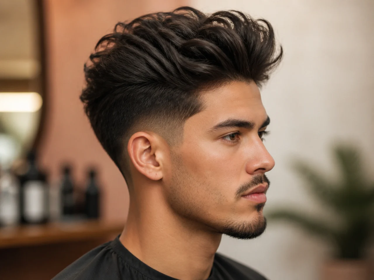 High textured blowout taper on straight brown hair with dramatic side contrast