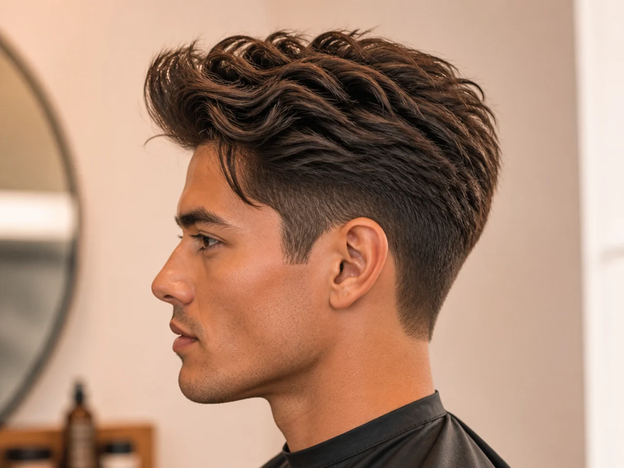 Point-cut textured blowout taper on wavy brown hair with precise scissor-tip texture