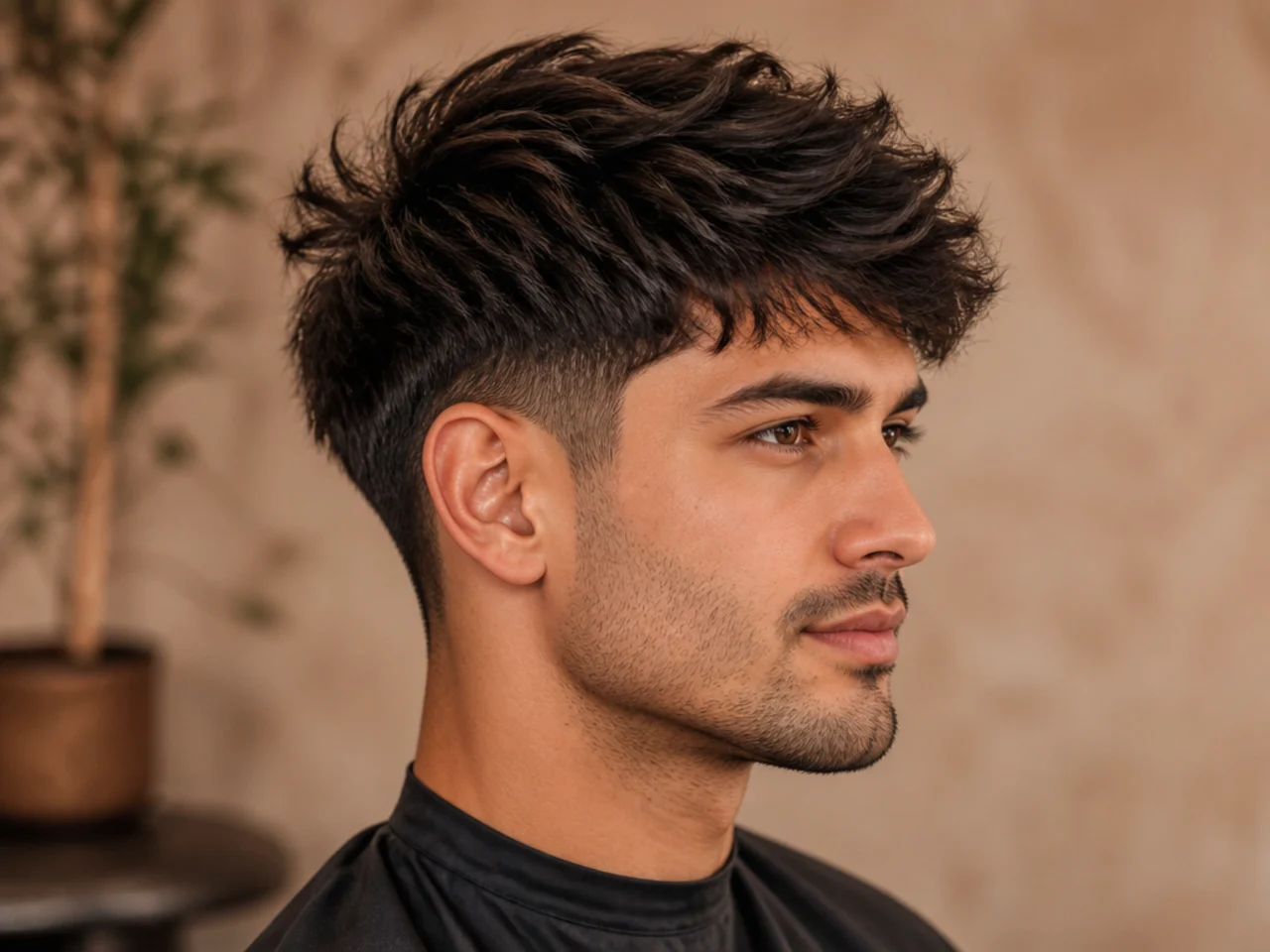 Razor-cut textured blowout taper on straight dark hair with feathered piecey ends