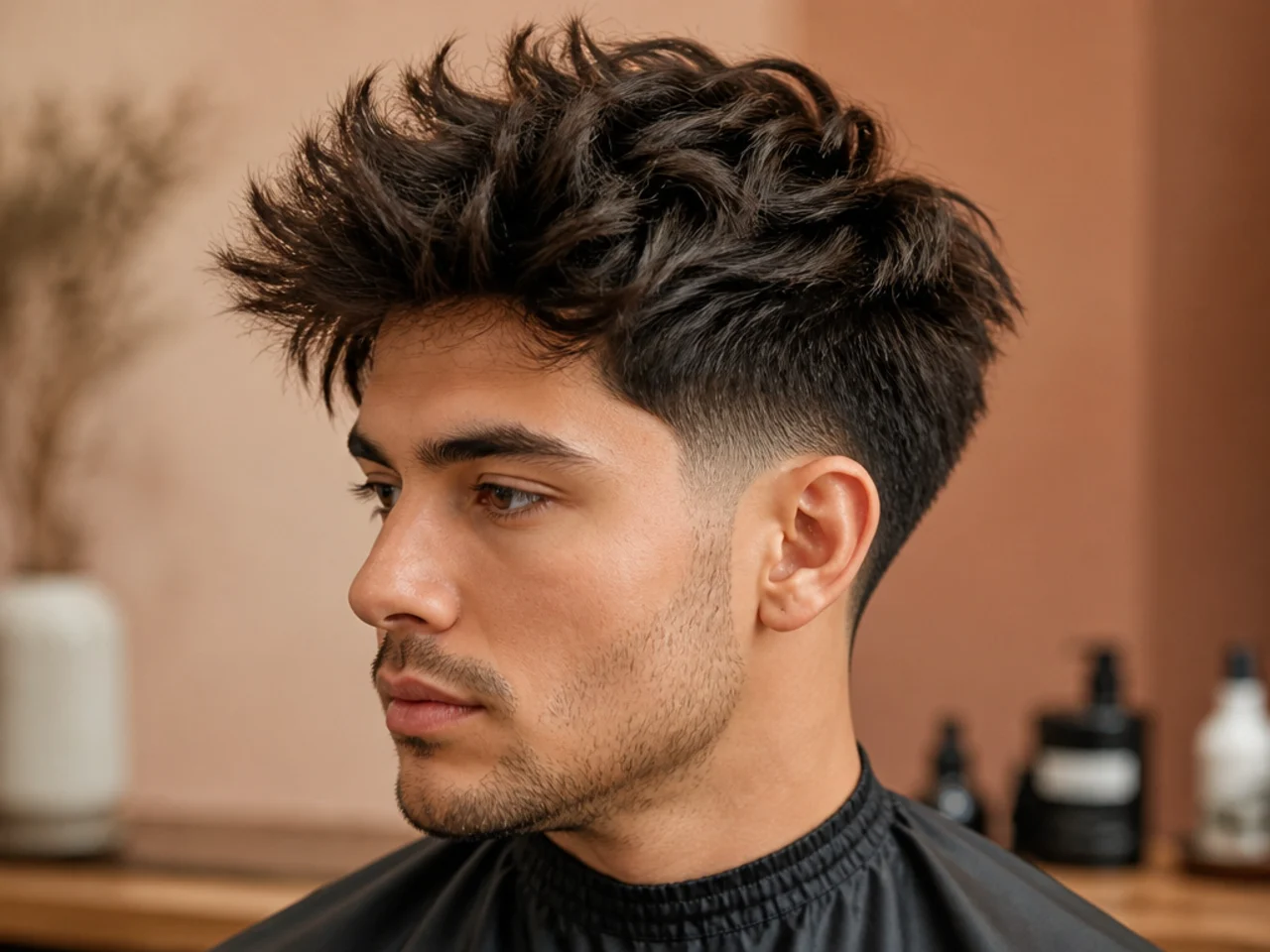 Choppy textured blowout taper on straight dark hair with uneven razored lengths across the crown