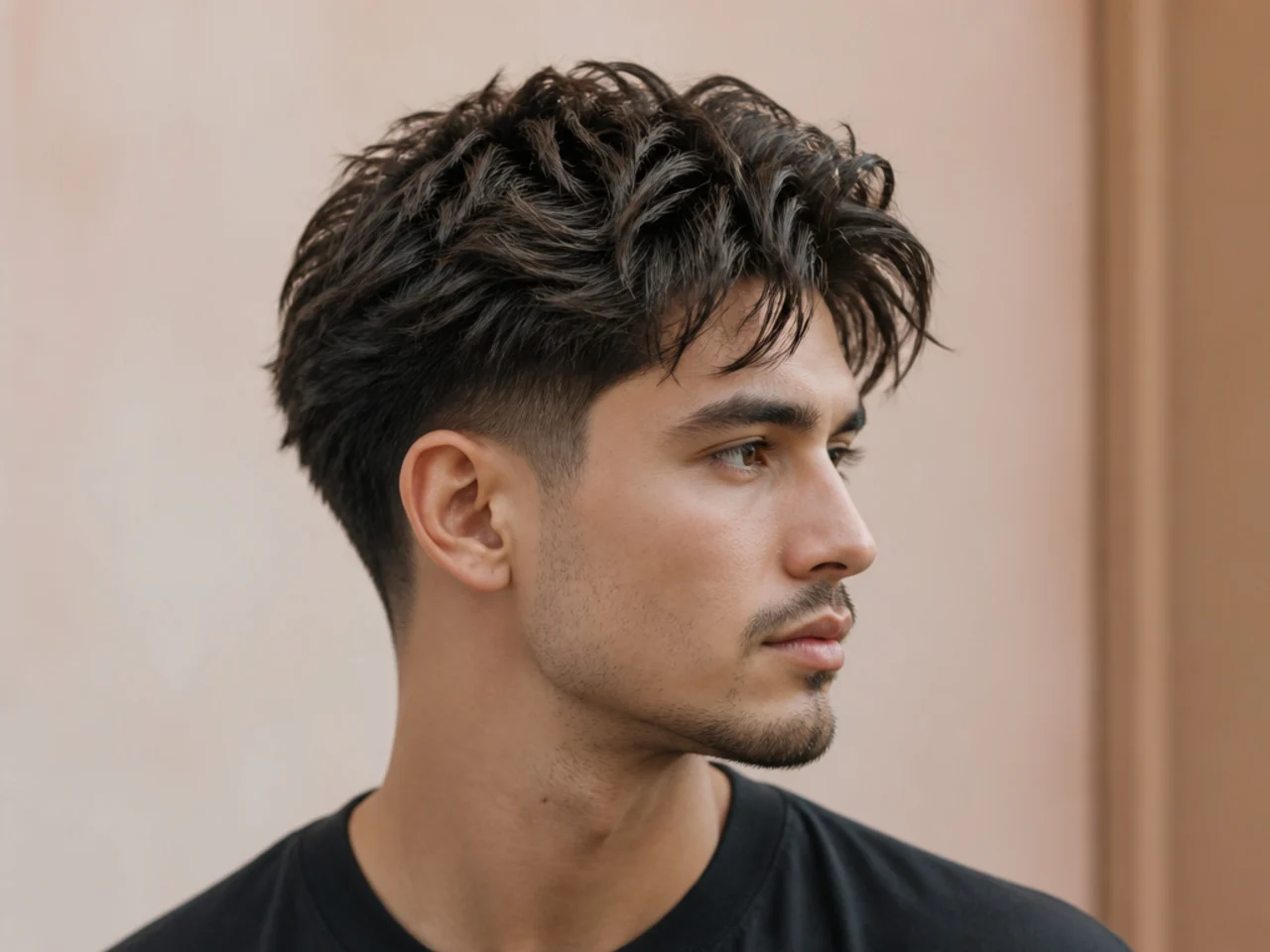Piecey textured blowout taper on straight brown hair with defined separated strand groups