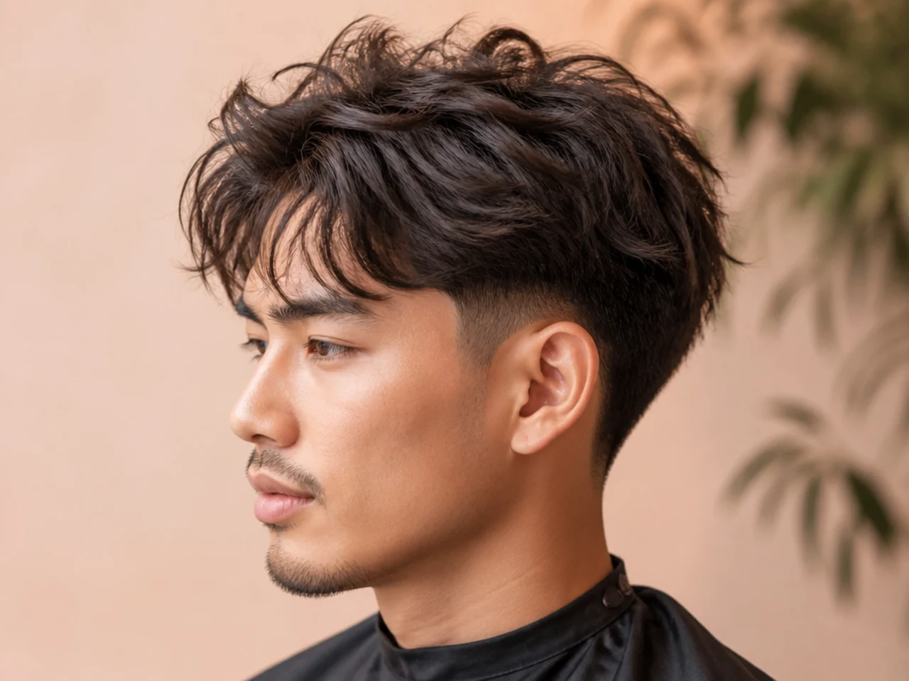 Messy textured blowout taper on wavy brown hair with tousled deliberate disarray on top
