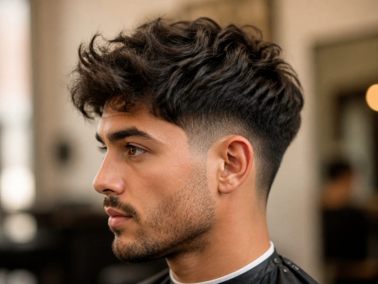 Client showing a phone reference photo to a barber before a textured blowout taper cut