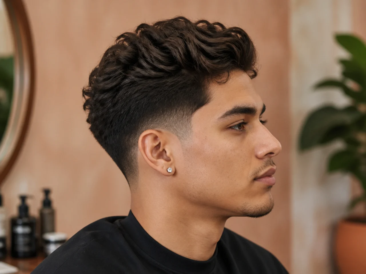 Styling essentials for a textured blowout taper — matte paste, sea-salt spray, round brush, and blow-dryer