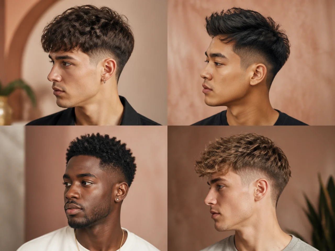 Three men side by side with textured blowout taper variations on straight, wavy, and curly hair