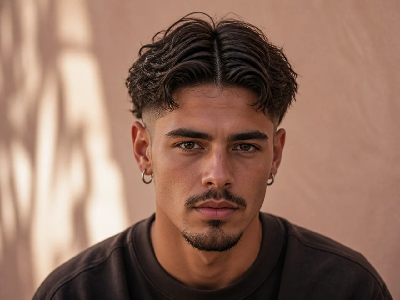 A textured burst fade with a middle part