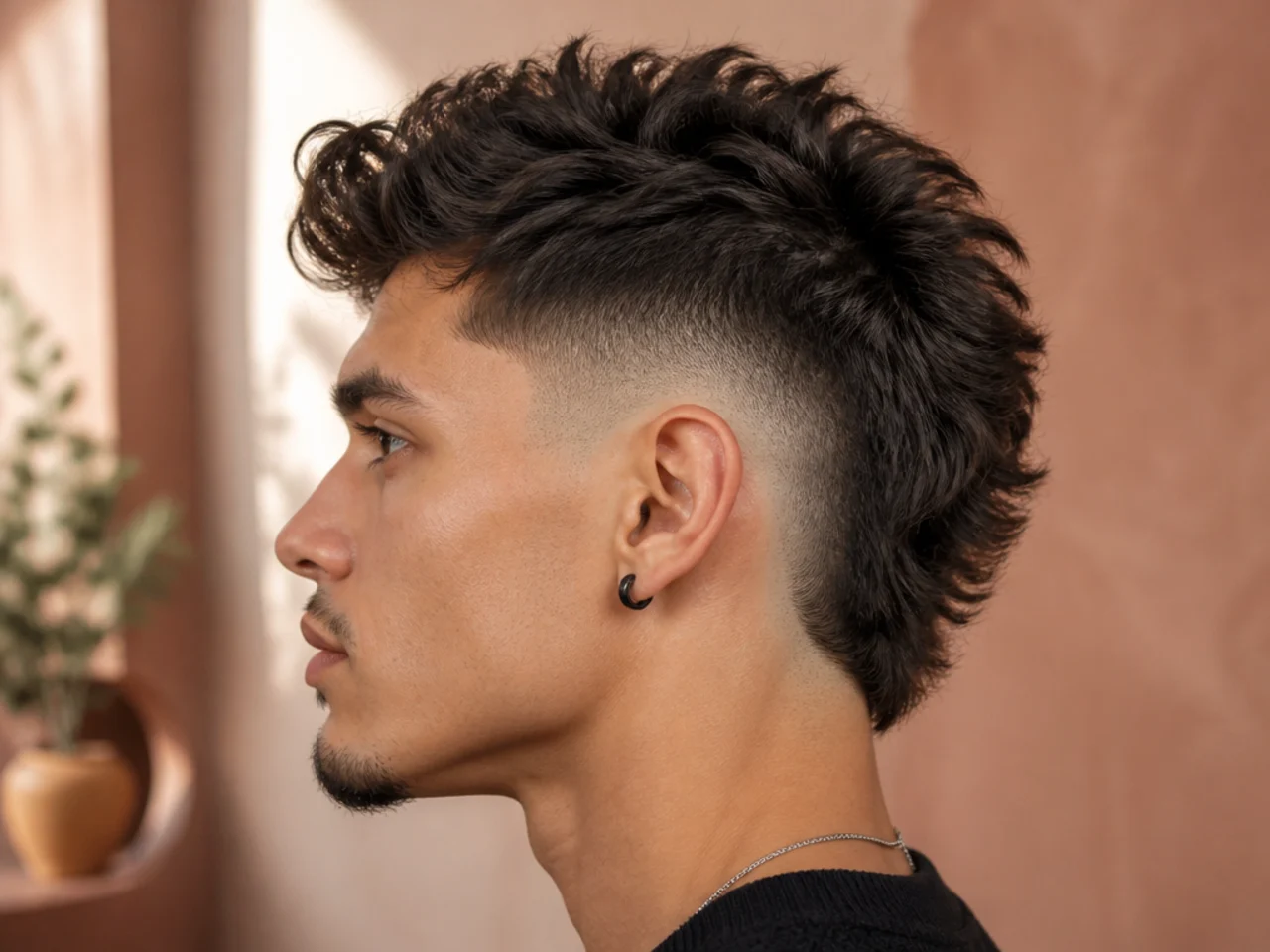 A textured burst fade mohawk