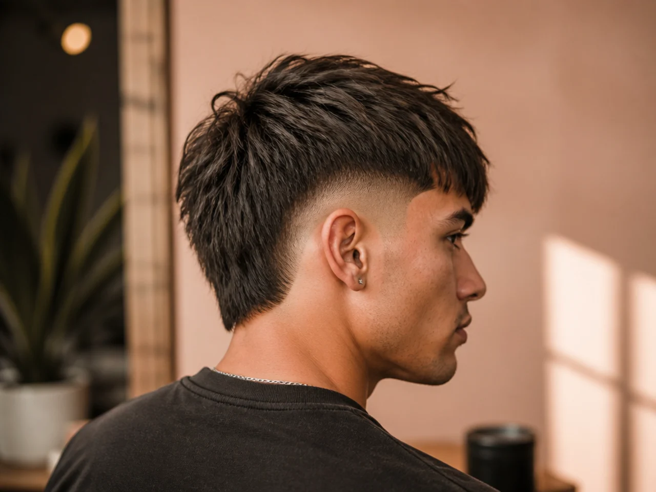 A textured burst fade with a forward fringe