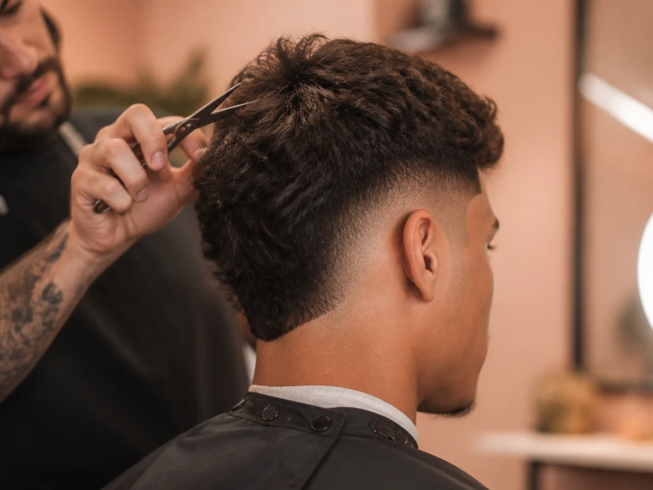 A barber point cutting the crown of a textured burst fade