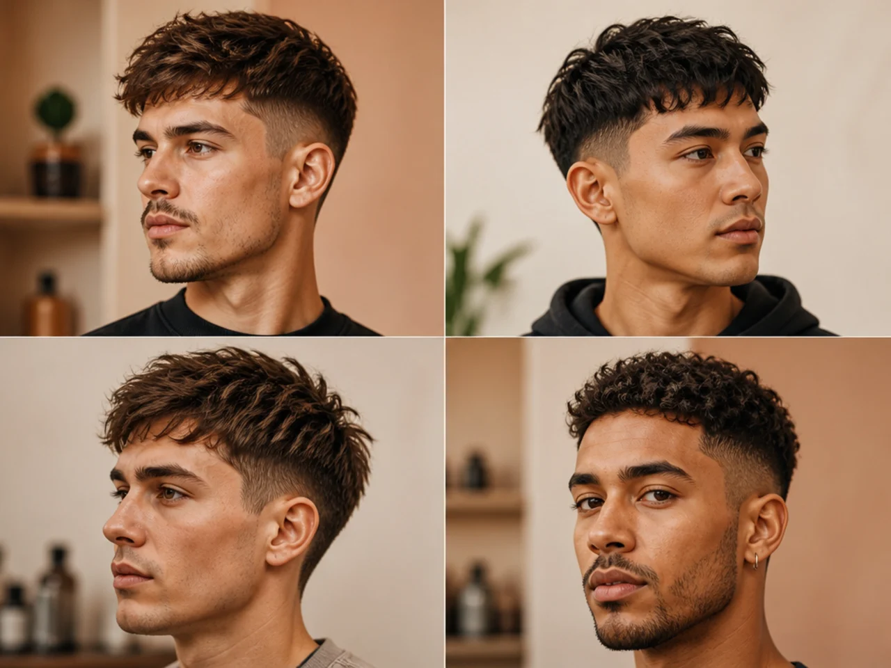 Classic textured crop haircut with forward brow-length fringe and mid taper on brown hair