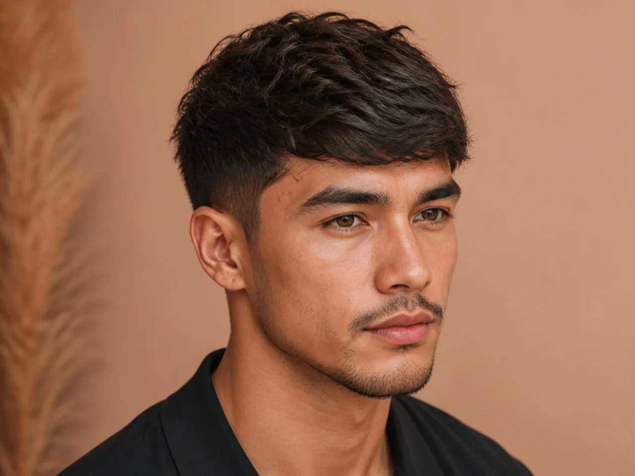Side-swept textured crop with the fringe pushed diagonally across the forehead and low fade