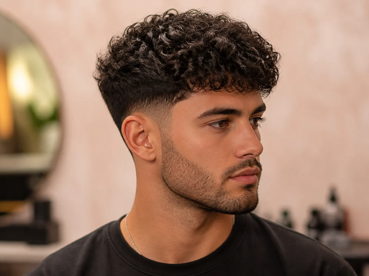 Curly textured crop with natural Type 3B coils falling forward across a mid fade