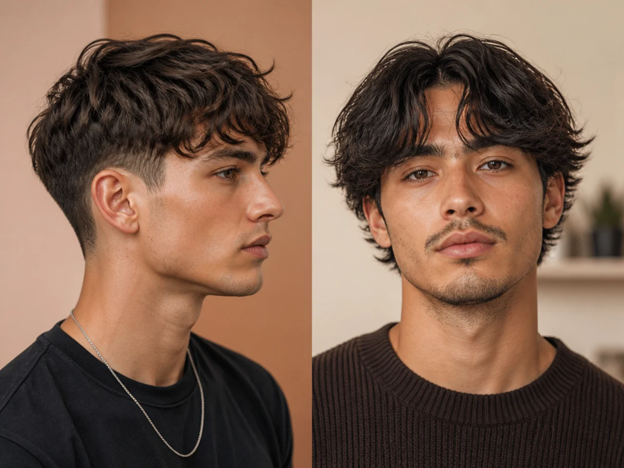 Textured crop with a curtain fringe parted in the middle falling to each side of the forehead